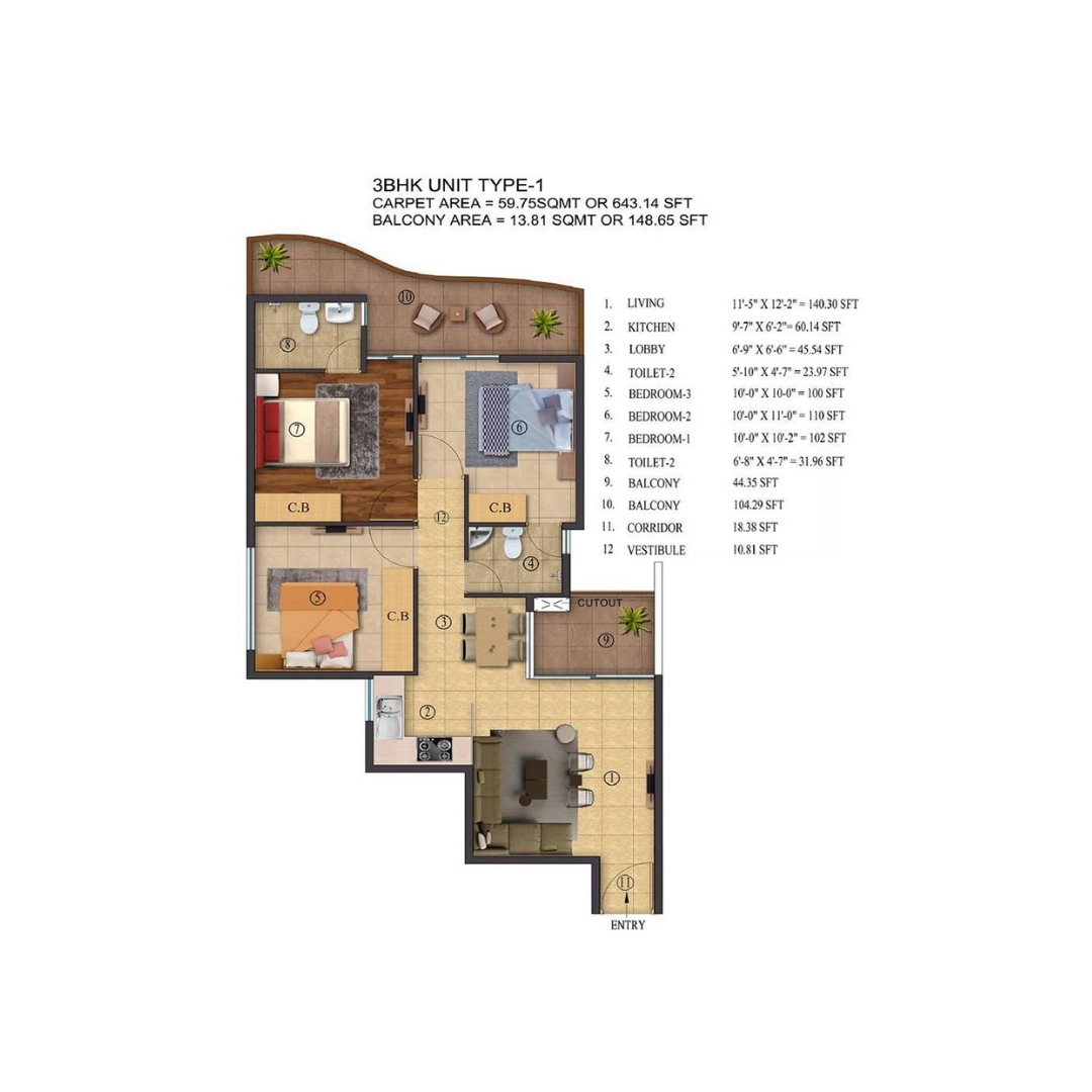 3BHK Type 1 Floor Plan