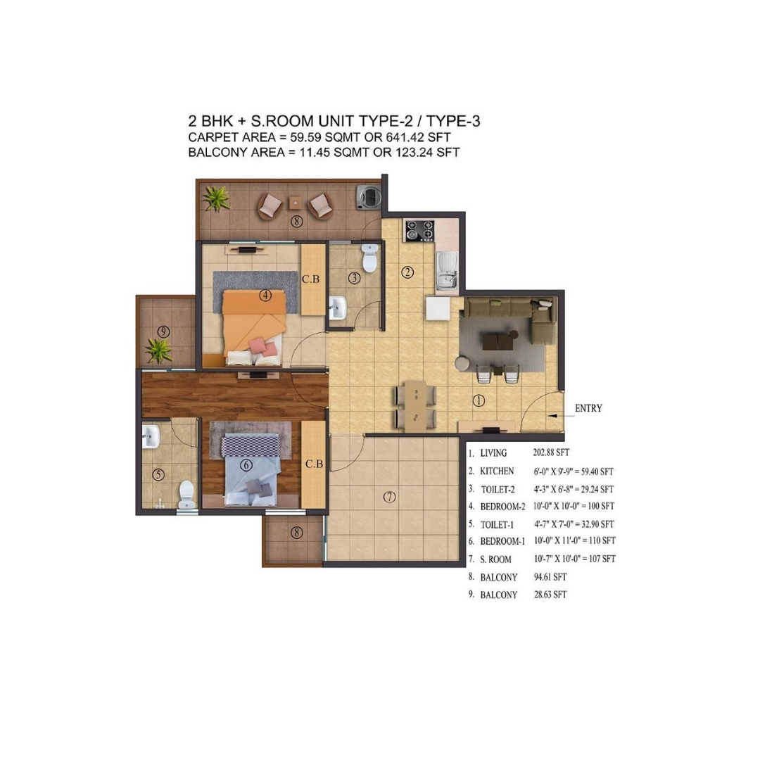 2BHK+S Room Floor Plan