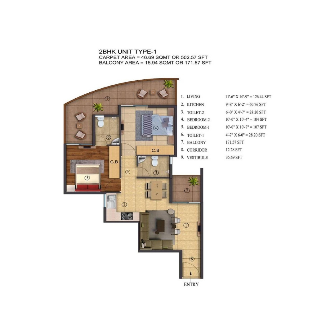 2BHK Type 1 Floor Plan
