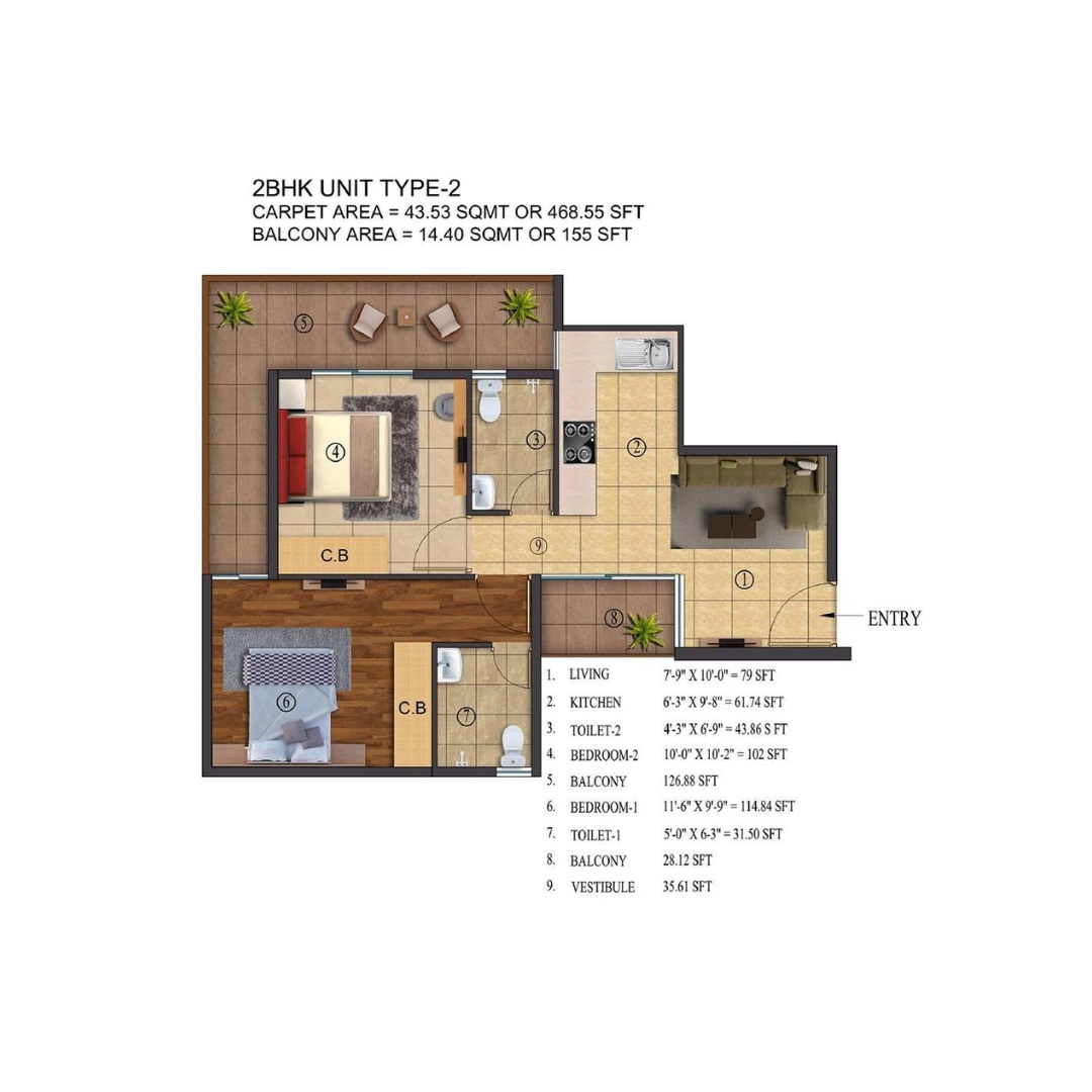 2BHK Type 2 Floor Plan